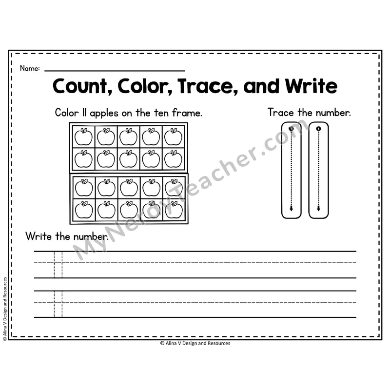 Number 11 Worksheet — Count, Color, Trace and Write