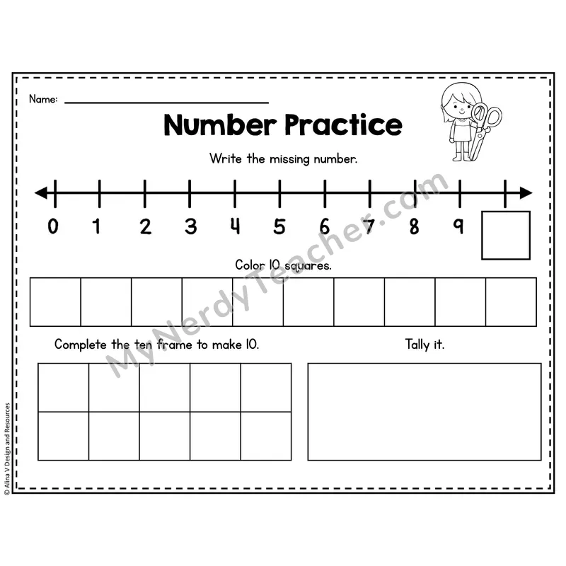 Number 10 Worksheet — Number Practice with Ten Frames
