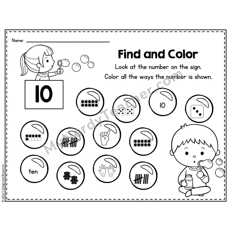 Number 10 Worksheet — Find and Color the Number