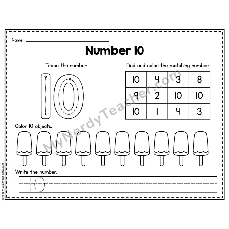 Number 10 Worksheet — Trace, Find and Write
