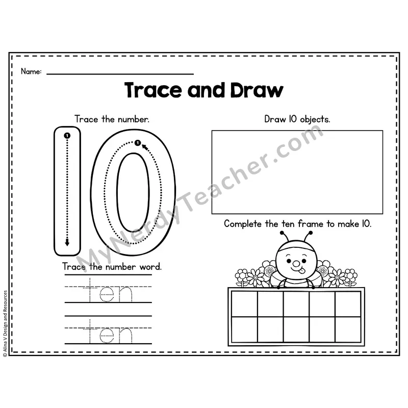 Number 10 Worksheet — Trace and Draw
