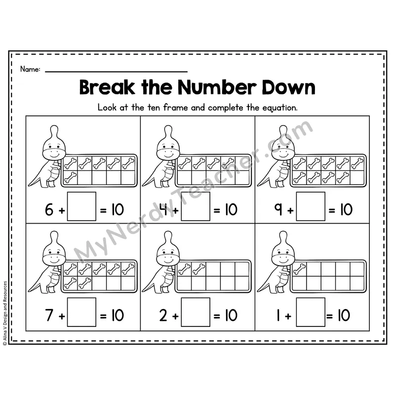 Number 10 Worksheet — Break the Number Down with Ten Frames