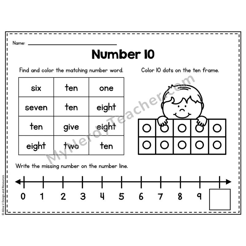 Number 10 Worksheet — Ten Frames and Number Words
