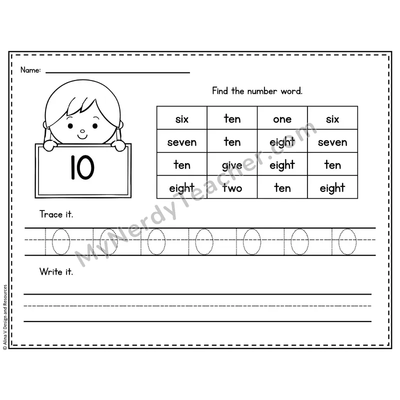 Number 10 Worksheet — Find and Trace the Number Word