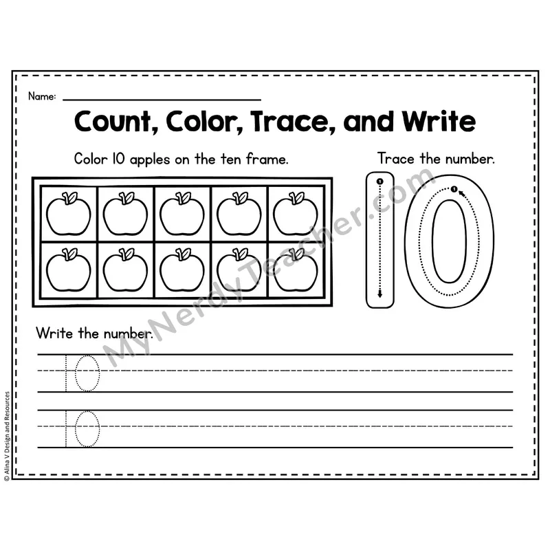 Number 10 Worksheet — Count, Color, Trace and Write
