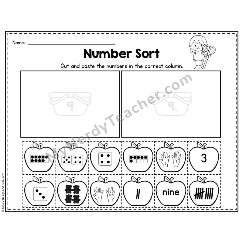 Number 9 Worksheet — Number Sort Cut and Paste
