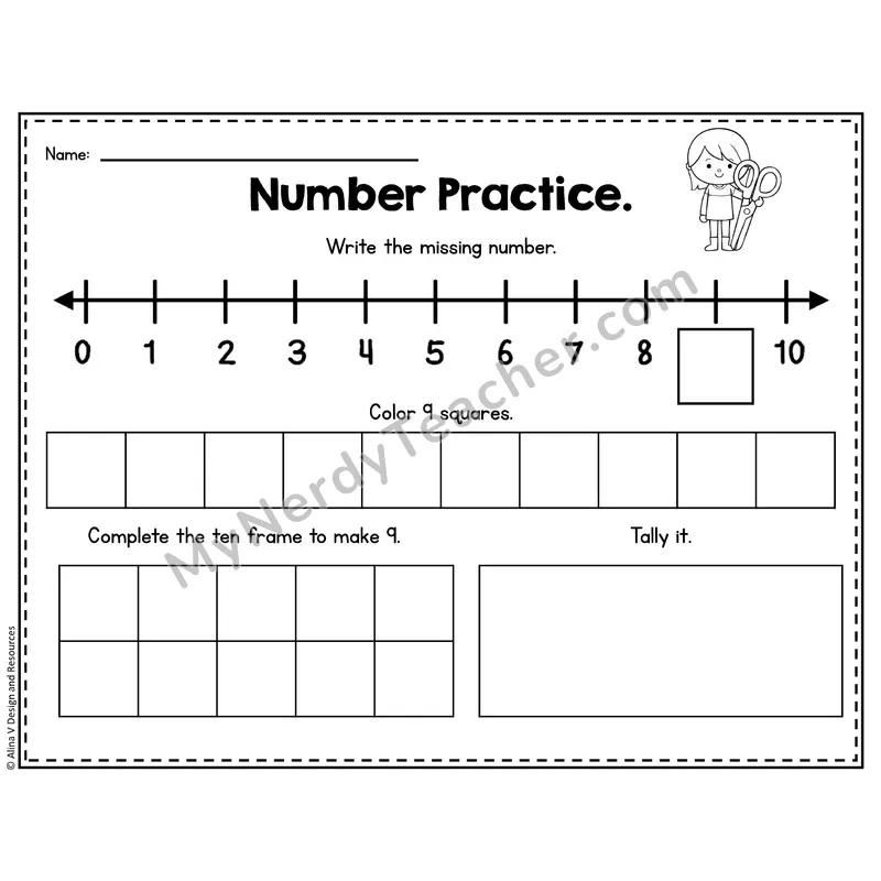 Number 9 Worksheet — Number Practice with Ten Frames