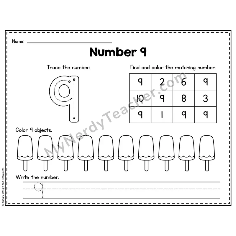 Number 9 Worksheet — Trace, Find and Write