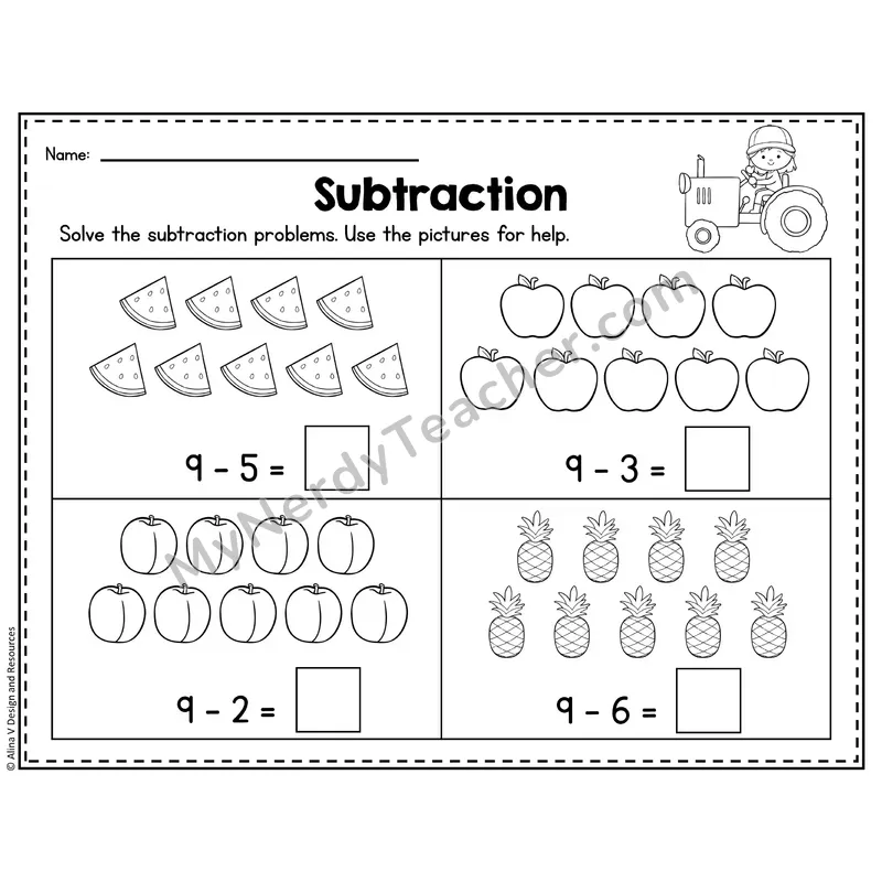 Number 9 Worksheet — Subtraction Within 10