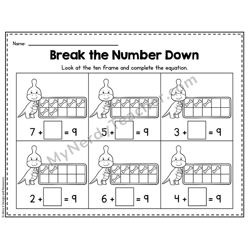 Number 9 Worksheet — Break the Number Down with Ten Frames