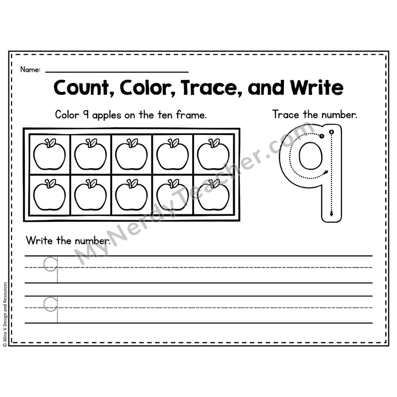 Number 9 Worksheet — Count, Color, Trace and Write