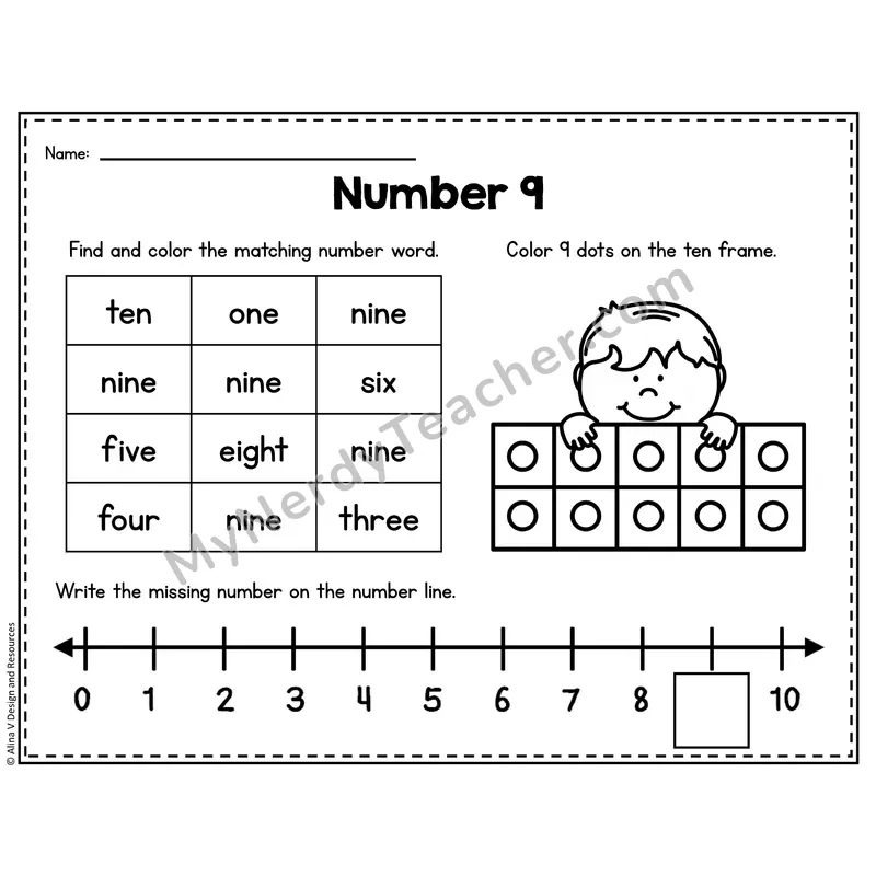 Number 9 Worksheet — Ten Frames and Number Words