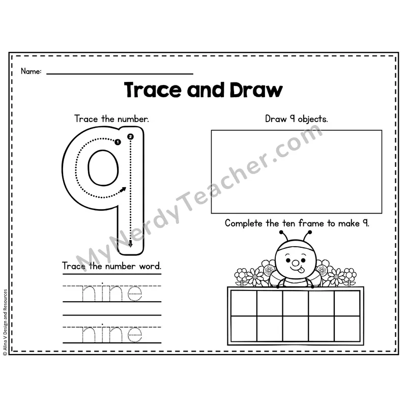 Number 9 Worksheet — Trace and Draw
