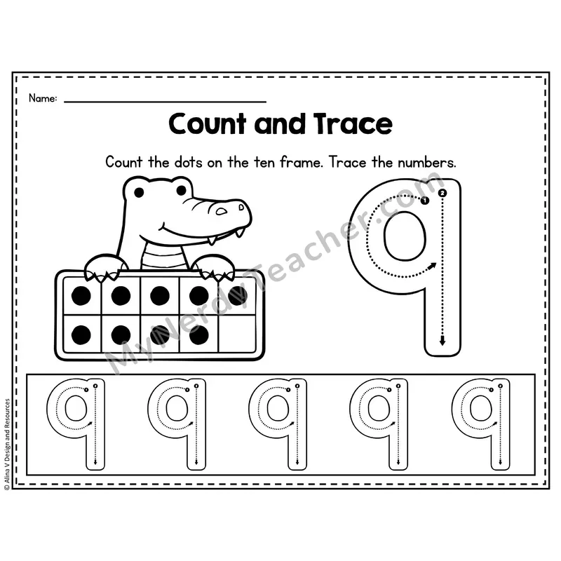 Number 9 Worksheet — Count and Trace