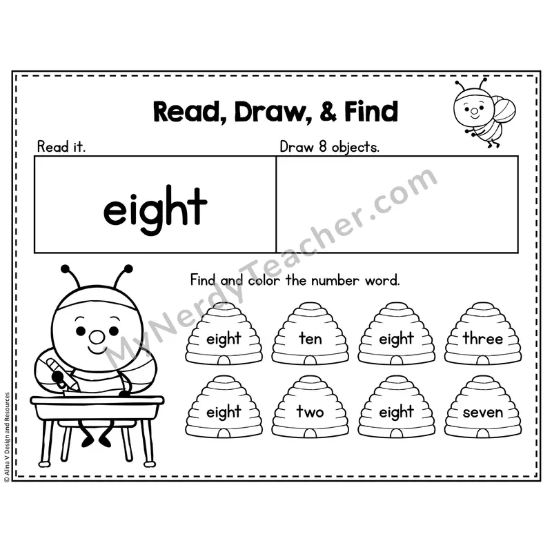 Number 8 Worksheet — Read, Draw and Find