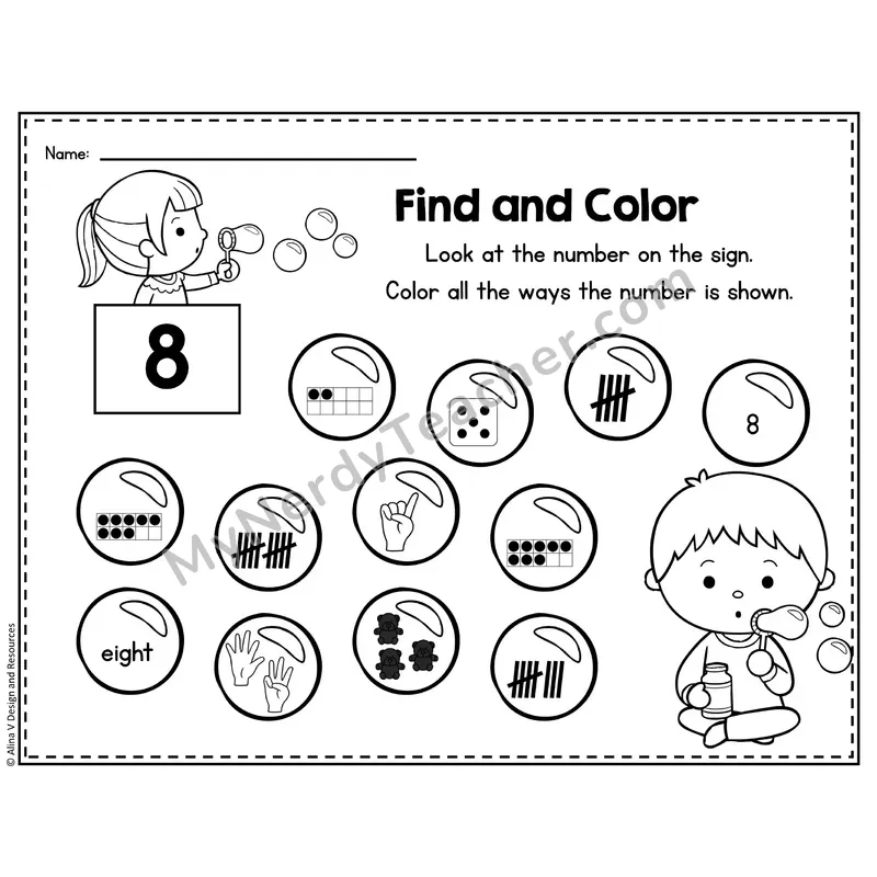 Number 8 Worksheet — Find and Color the Number