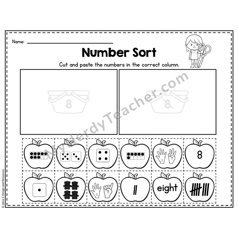 Number 8 Worksheet — Number Sort Cut and Paste