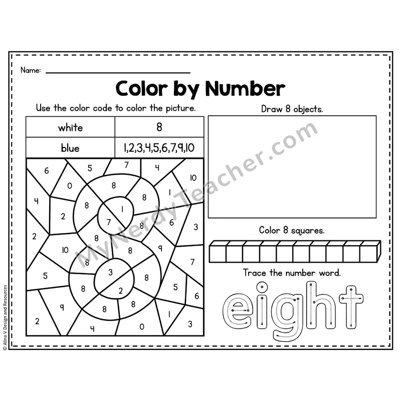 Number 8 Worksheet — Color by Number