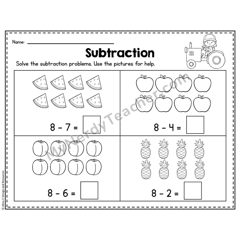 Number 8 Worksheet — Subtraction Within 10