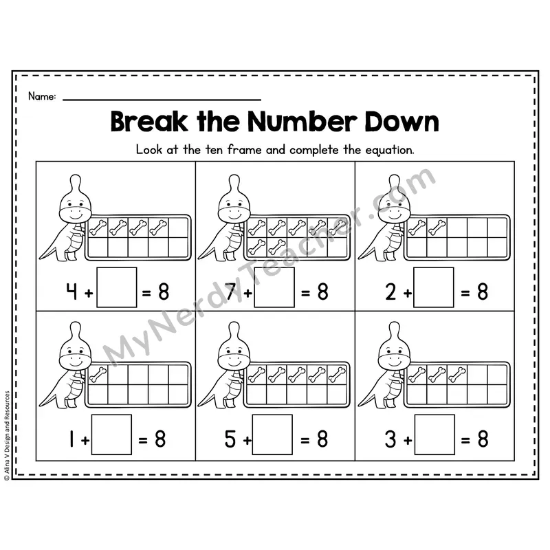 Number 8 Worksheet — Break the Number Down with Ten Frames