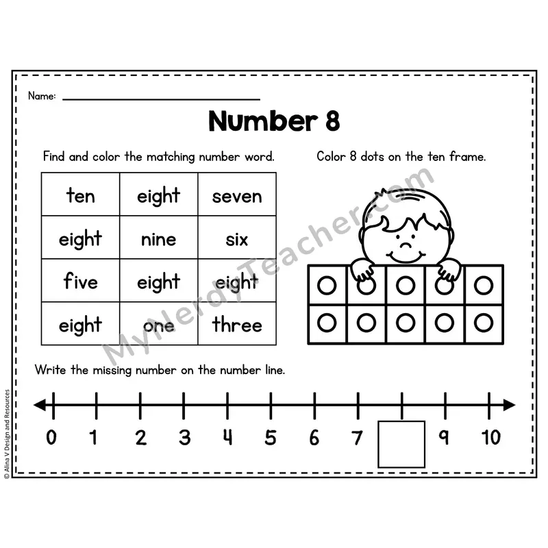 Number 8 Worksheet — Ten Frames and Number Words