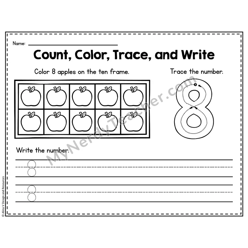 Number 8 Worksheet — Count, Color, Trace and Write