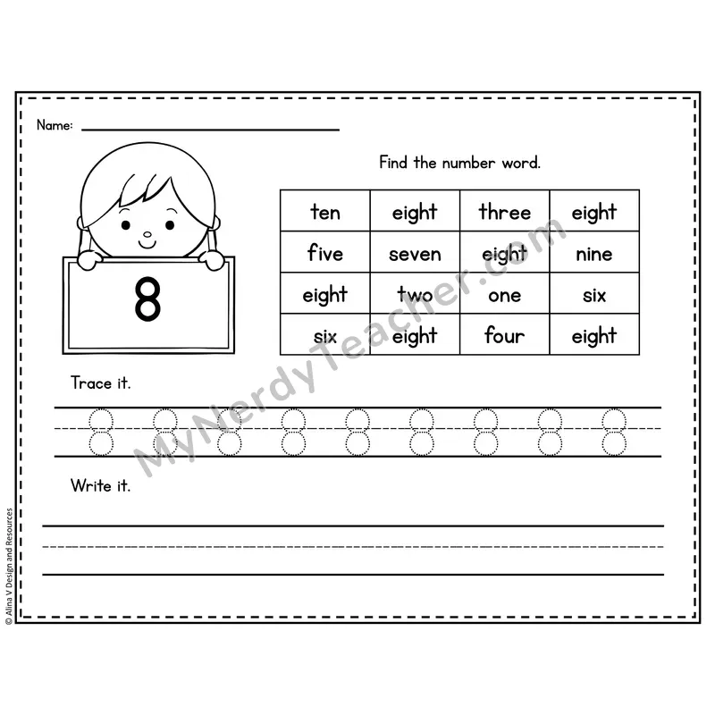 Number 8 Worksheet — Find and Trace the Number Word