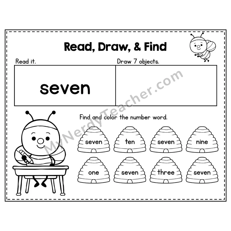 Number 7 Worksheet — Read, Draw and Find