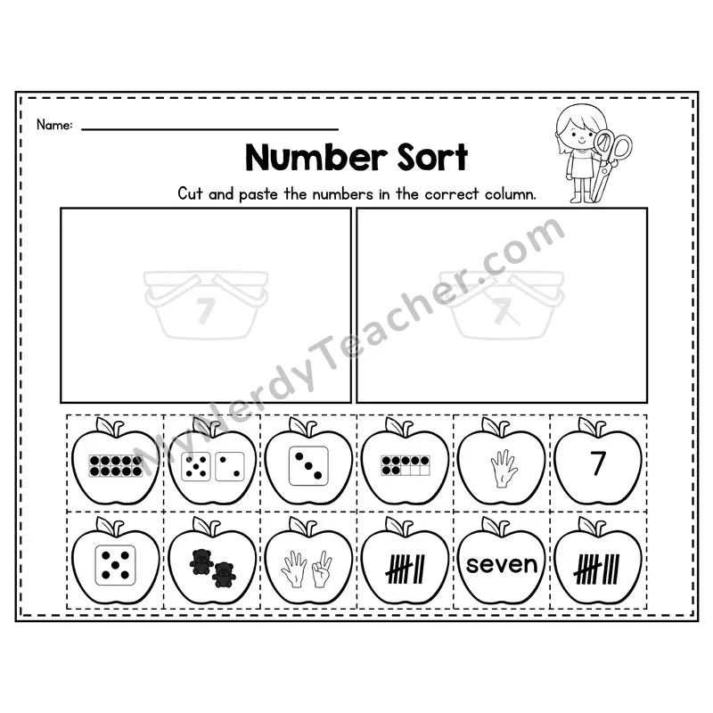 Number 7 Worksheet — Number Sort Cut and Paste