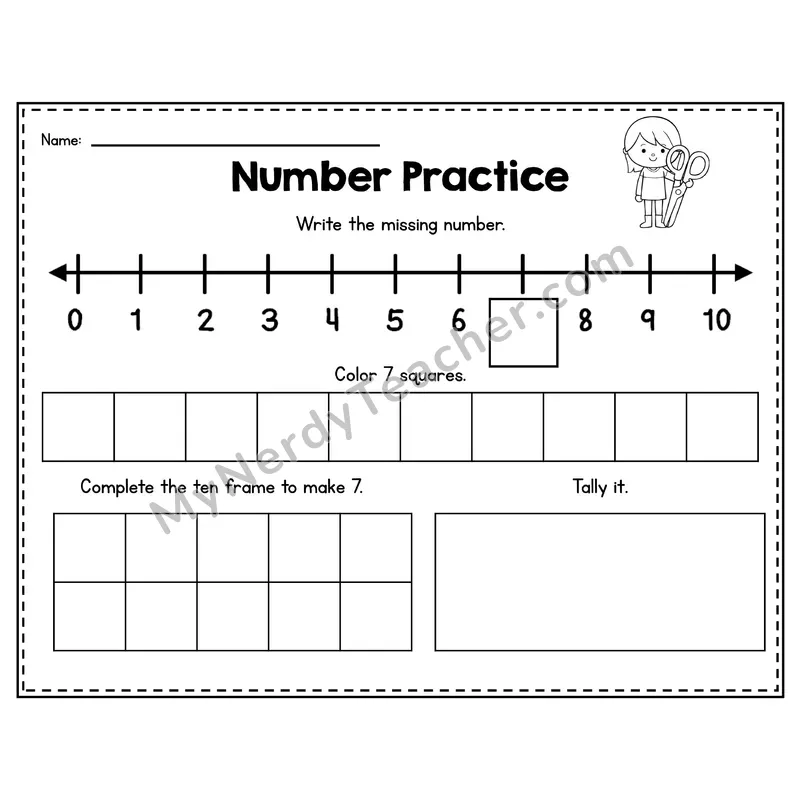 Number 7 Worksheet — Number Practice with Ten Frames