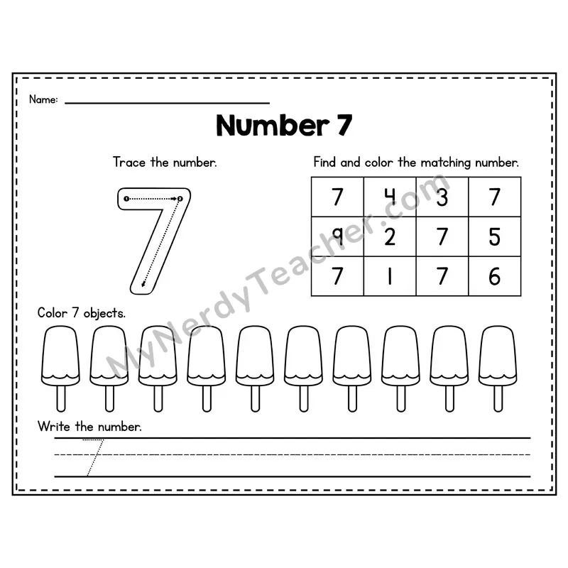 Number 7 Worksheet — Trace, Find and Write