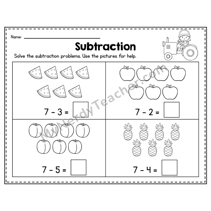 Number 7 Worksheet — Subtraction Within 10