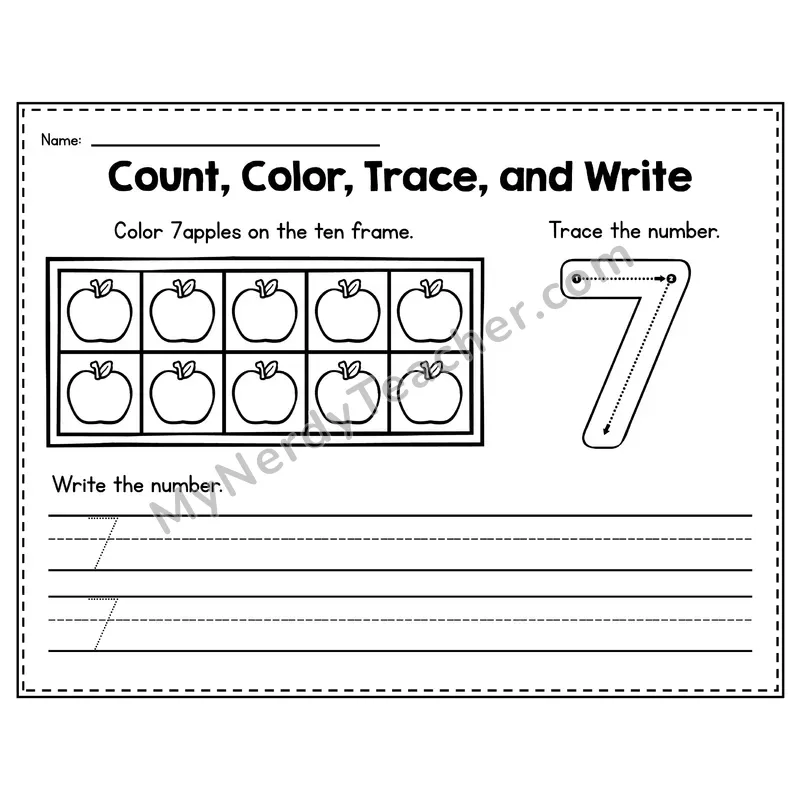 Number 7 Worksheet — Count, Color, Trace and Write