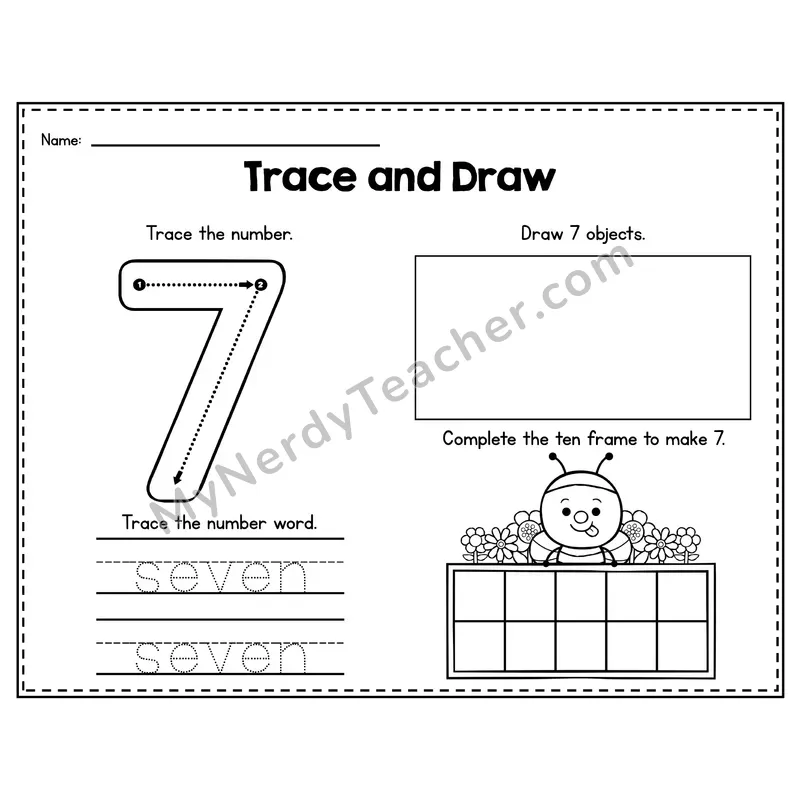 Number 7 Worksheet — Trace and Draw