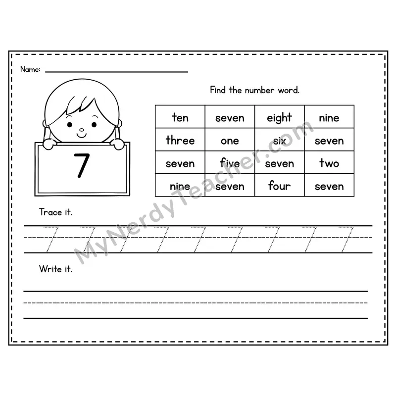 Number 7 Worksheet — Find and Trace the Number Word