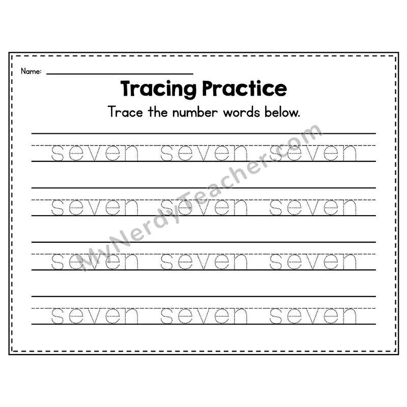 Number 7 Worksheet — Number Tracing Practice