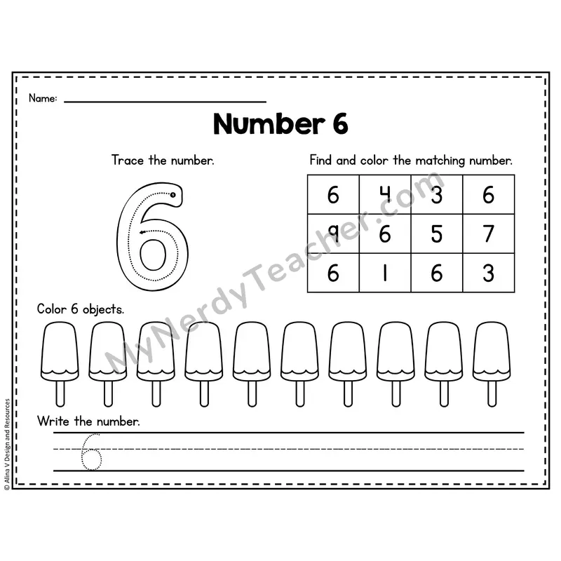 Number 6 Worksheet — Trace, Find and Write