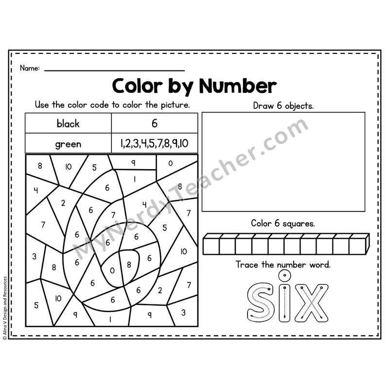 Number 6 Worksheet — Color by Number