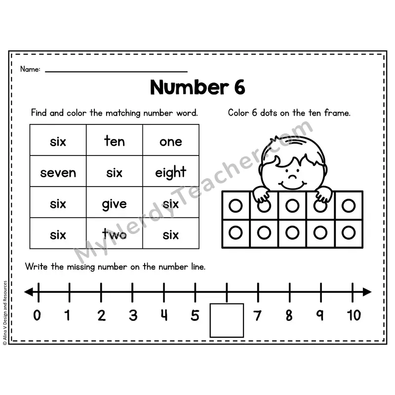 Number 6 Worksheet — Ten Frames and Number Words