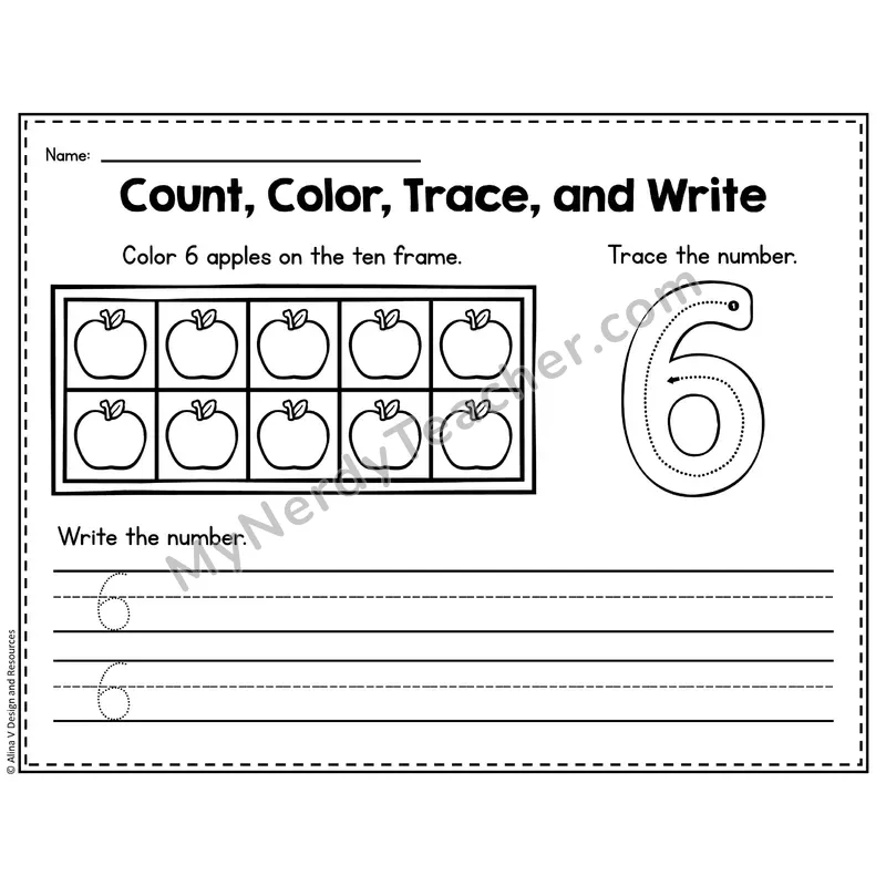Number 6 Worksheet — Count, Color, Trace and Write