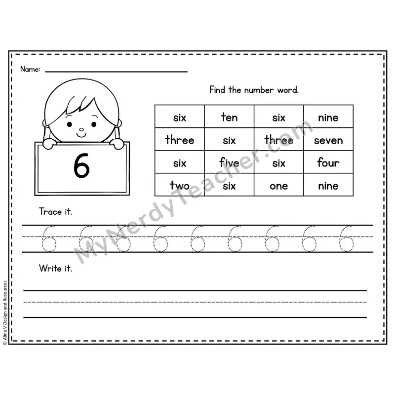 Number 6 Worksheet — Find and Trace the Number Word