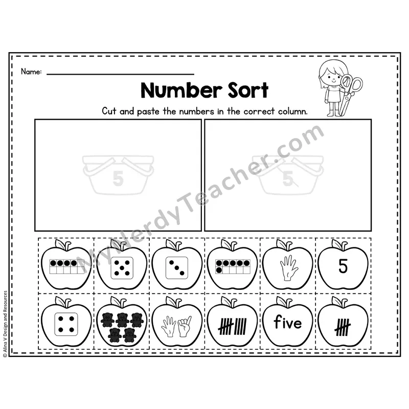 Number 5 Worksheet — Number Sort Cut and Paste