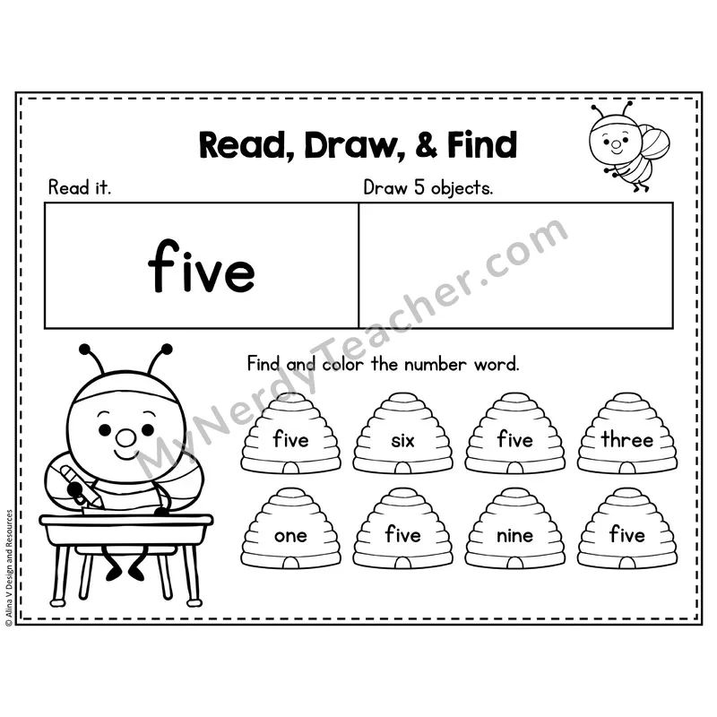 Number 5 Worksheet — Read, Draw and Find