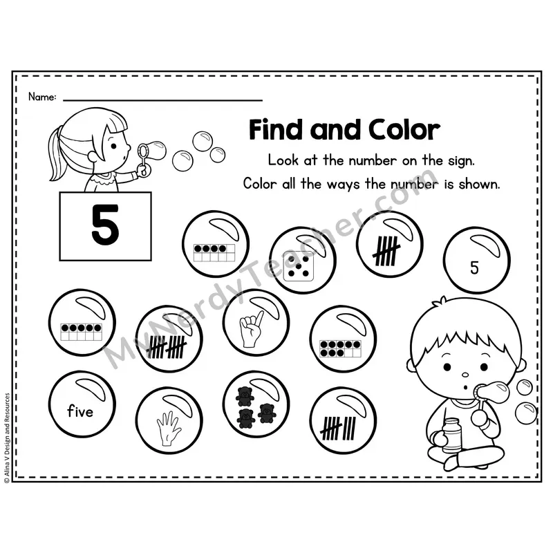 Number 5 Worksheet — Find and Color the Number