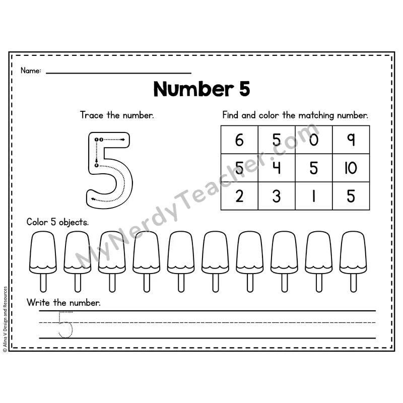 Number 5 Worksheet — Trace, Find and Write