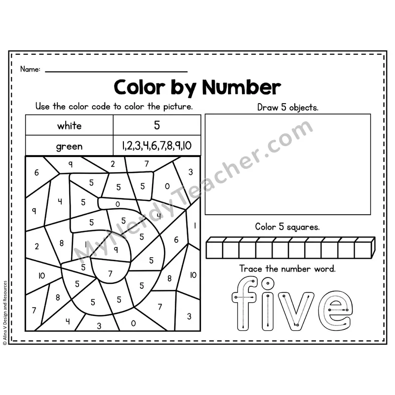 Number 5 Worksheet — Color by Number