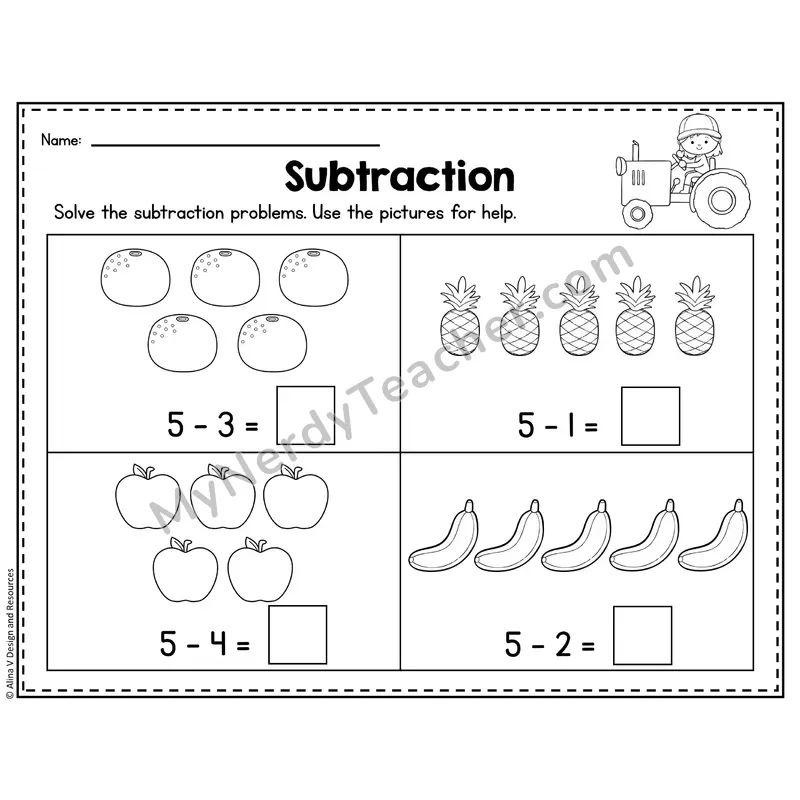 Number 5 Worksheet — Subtraction Within 10