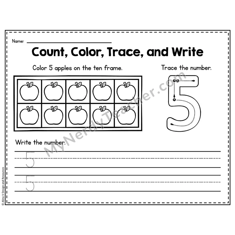 Number 5 Worksheet — Count, Color, Trace and Write