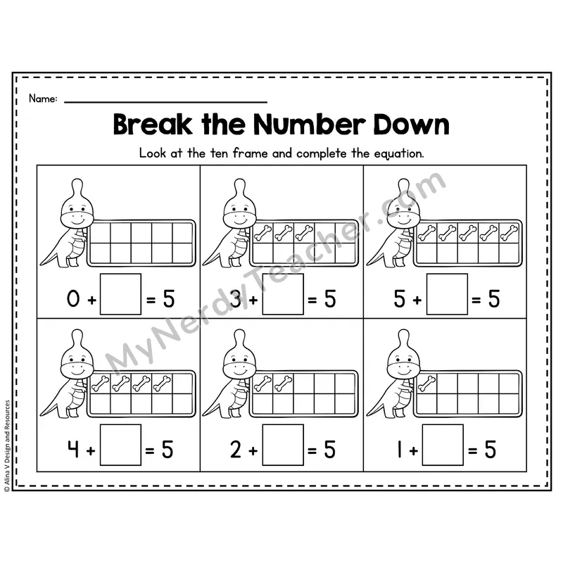 Number 5 Worksheet — Break the Number Down with Ten Frames