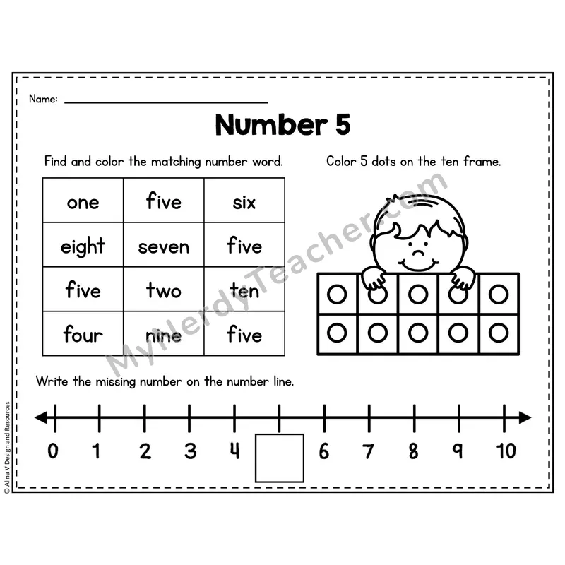 Number 5 Worksheet — Ten Frames and Number Words